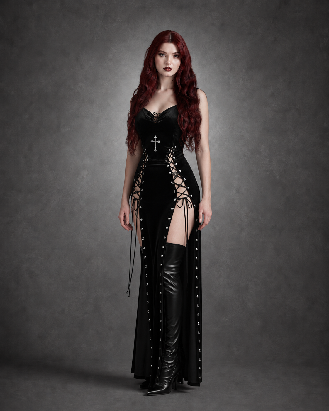 Black Velvet Gothic Midi Dress — High Slit, Lace-Up Sides & Cross Appliqué