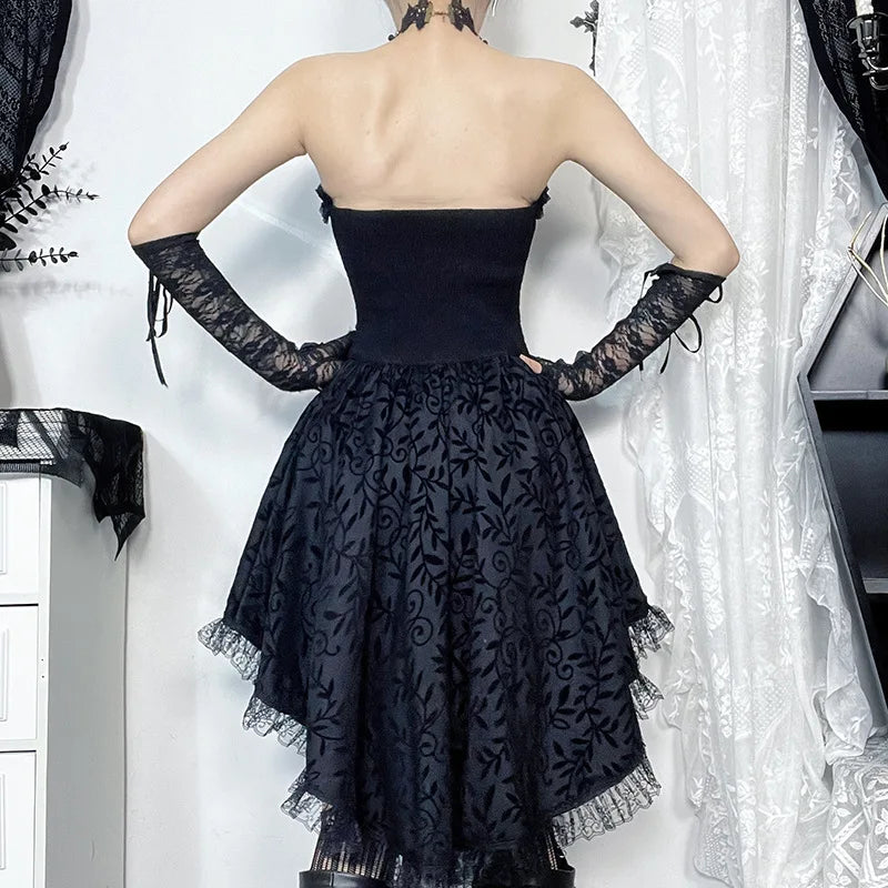 Black Strapless Gothic Corset Dress — Lace Patchwork & Tailed Hem