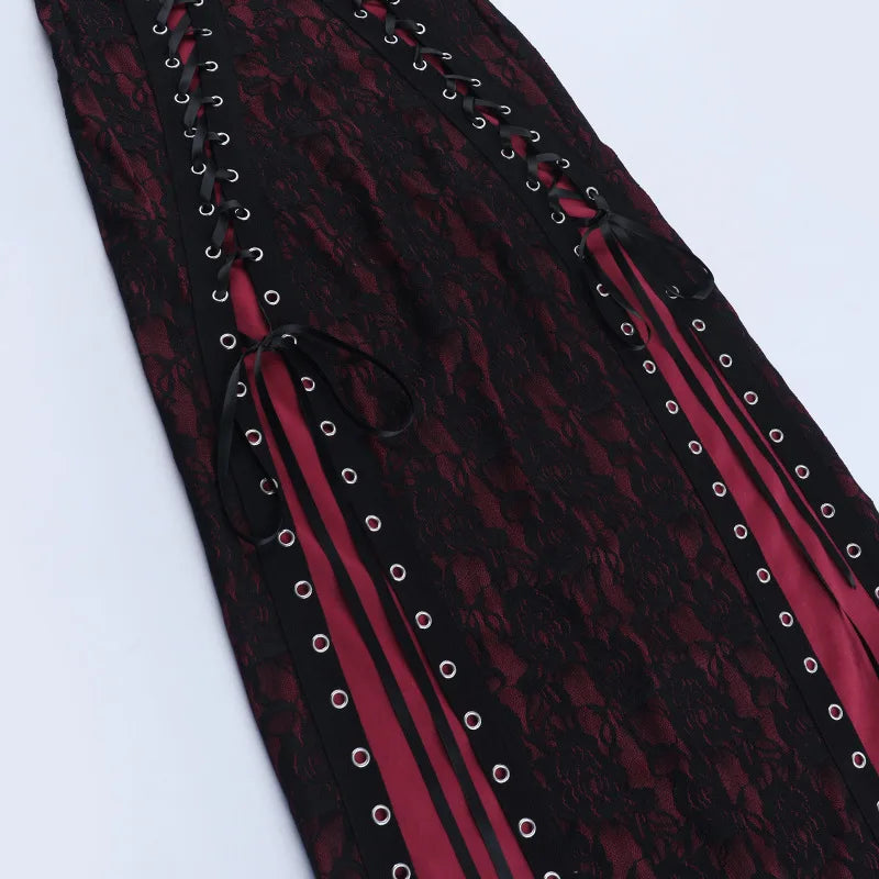 Red Floral Gothic Midi Dress — Lace Patchwork Straps & Square Collar