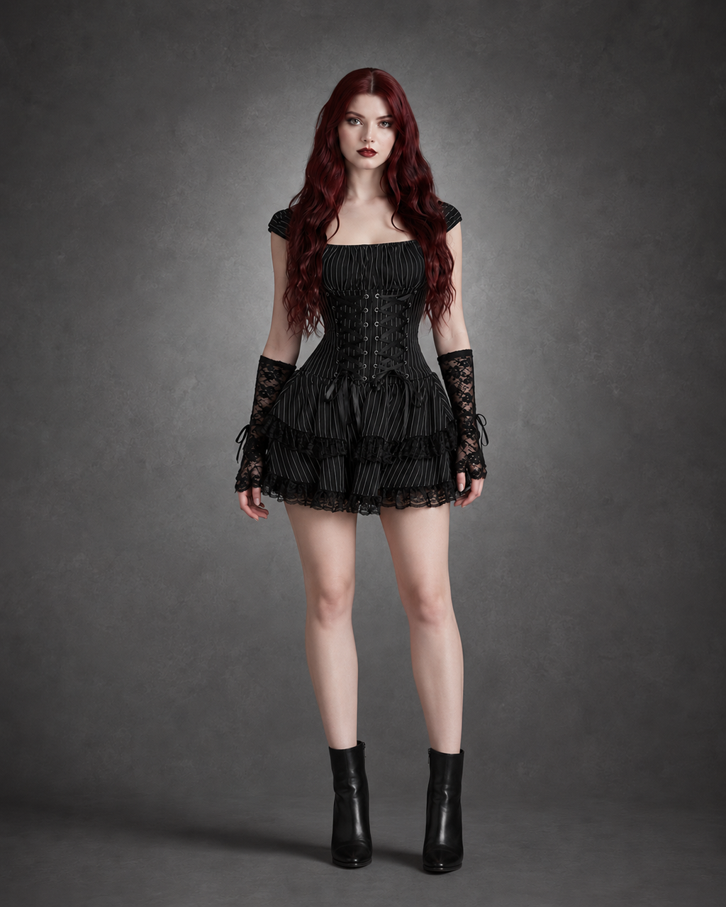 Striped Gothic Lolita Mini Dress — Tiered Lace Cake Hem & Straps