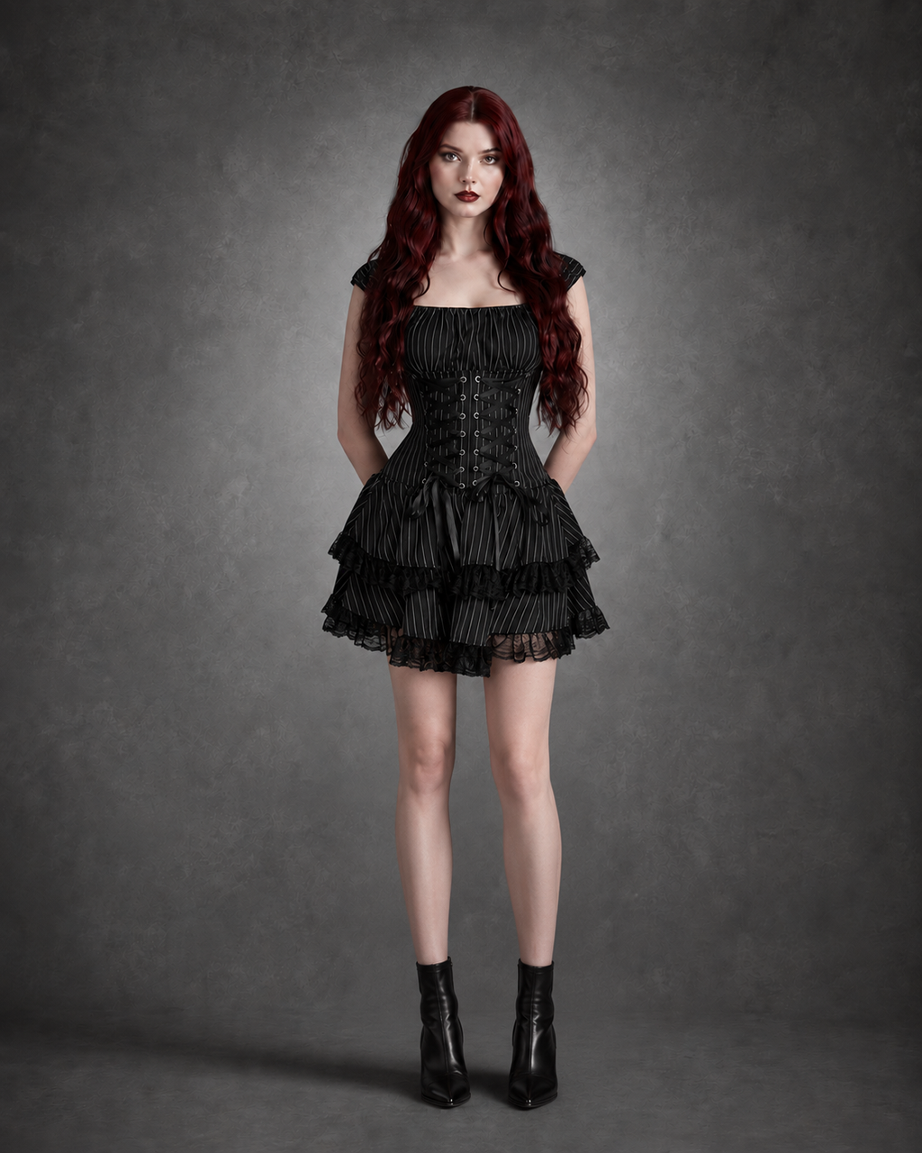 Striped Gothic Lolita Mini Dress — Tiered Lace Cake Hem & Straps