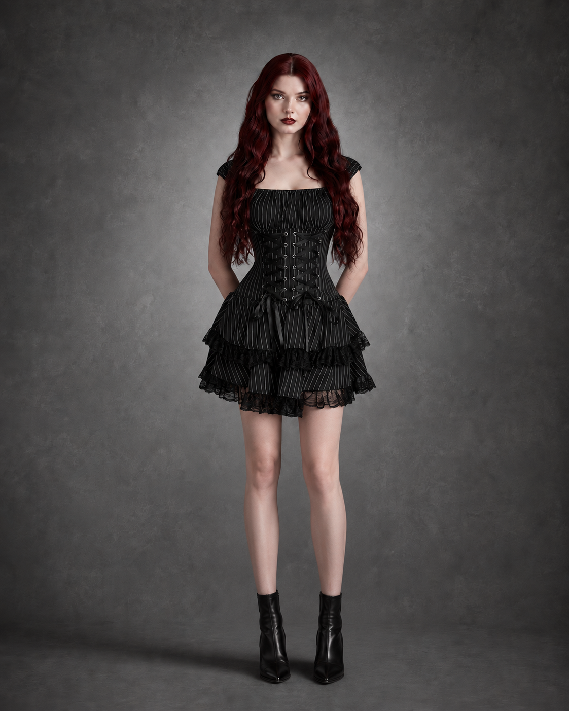 Striped Gothic Lolita Mini Dress — Tiered Lace Cake Hem & Straps