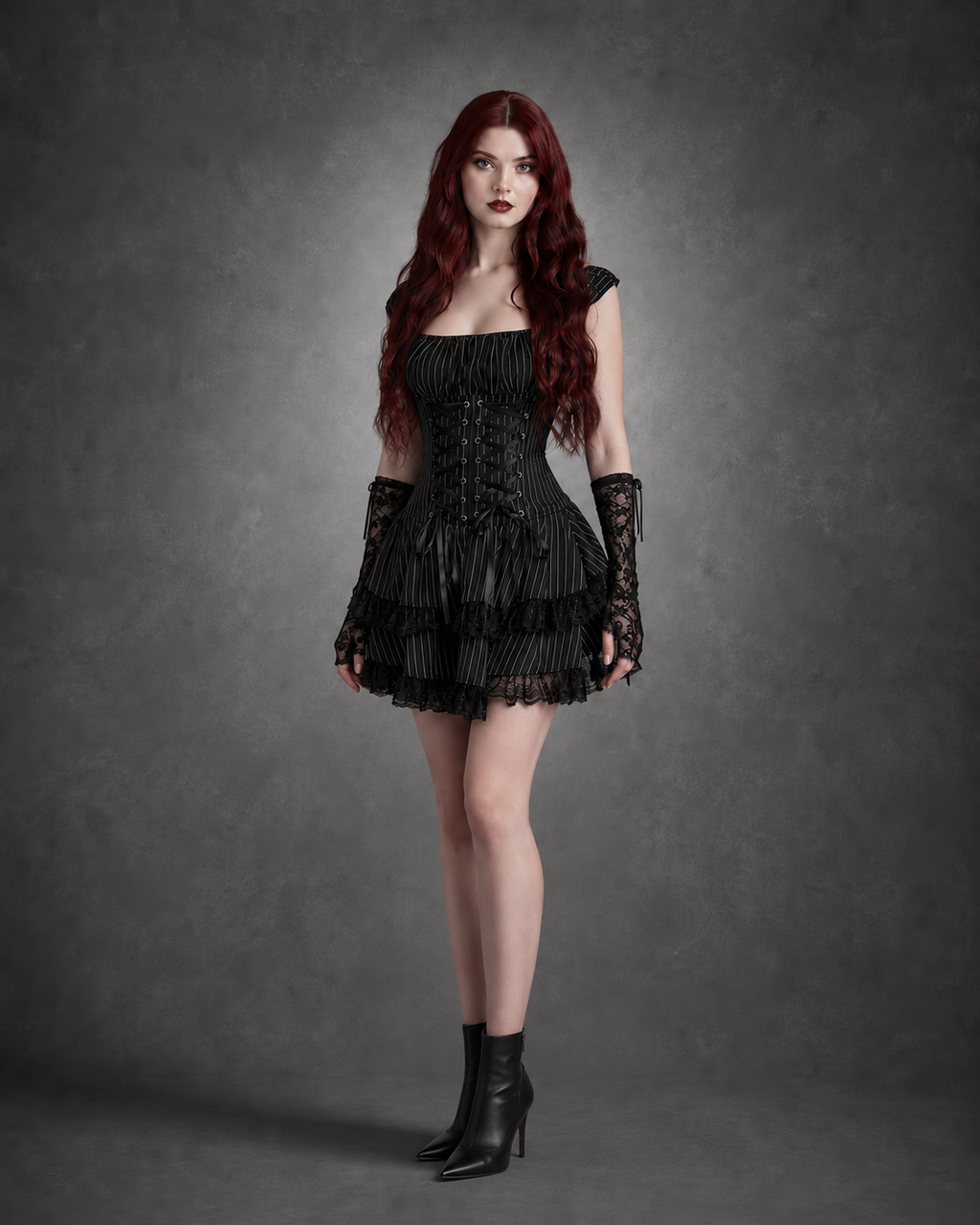 Striped Gothic Lolita Mini Dress — Tiered Lace Cake Hem & Straps