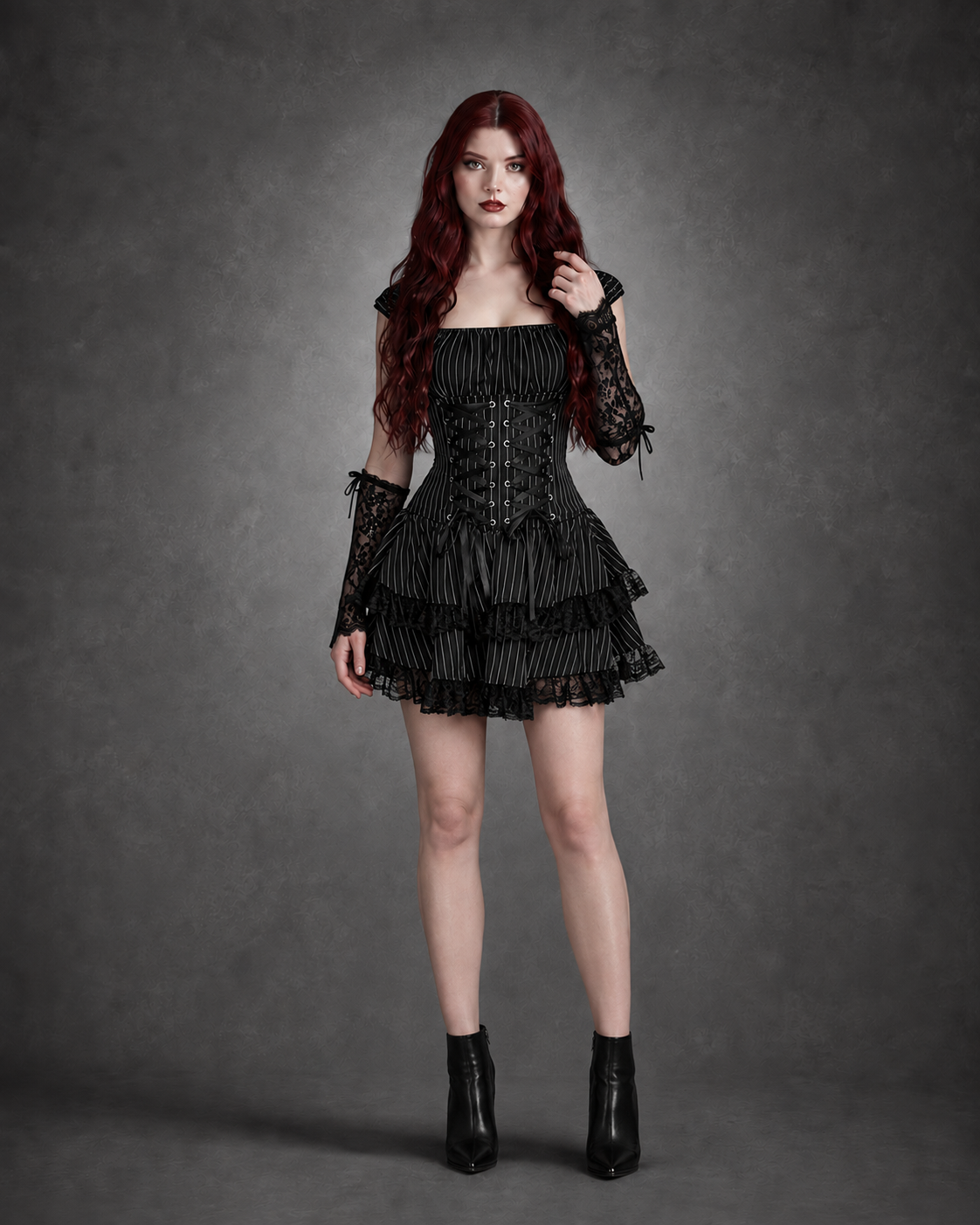 Striped Gothic Lolita Mini Dress — Tiered Lace Cake Hem & Straps