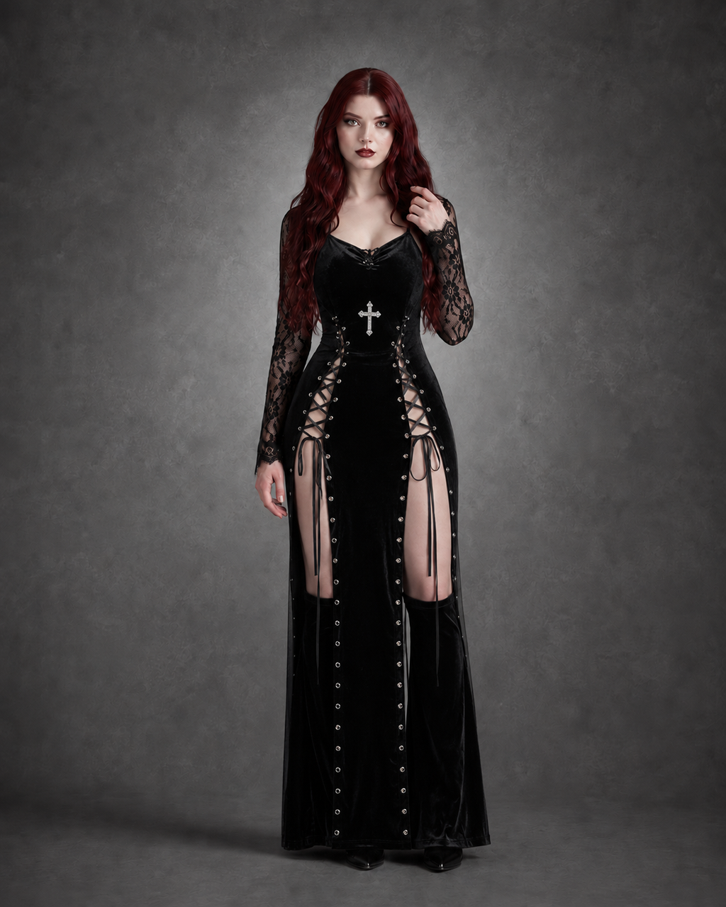 Black Velvet Gothic Midi Dress — High Slit, Lace-Up Sides & Cross Appliqué