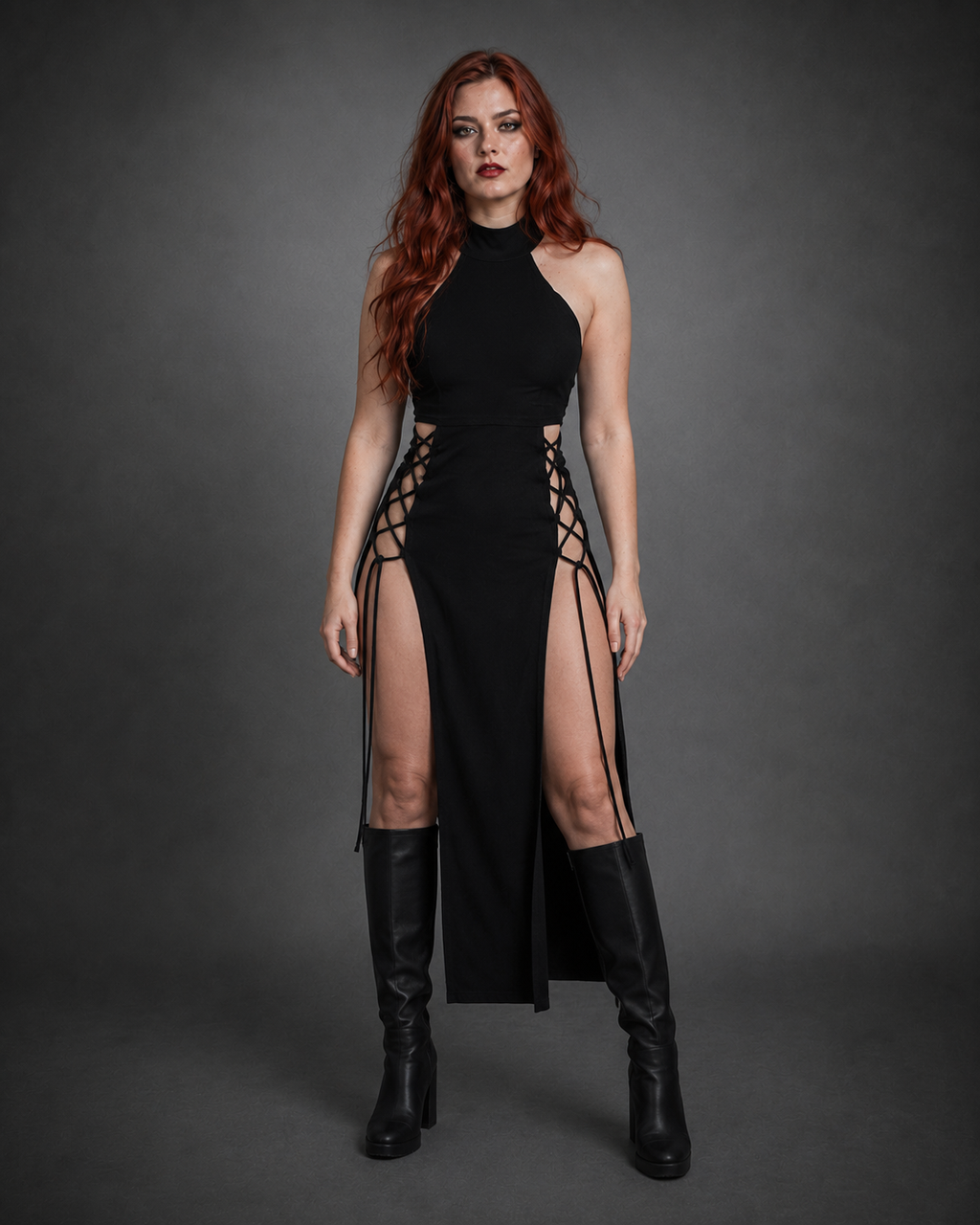 Black Halter Gothic Midi Dress — High Split Bandage, Y2K Style