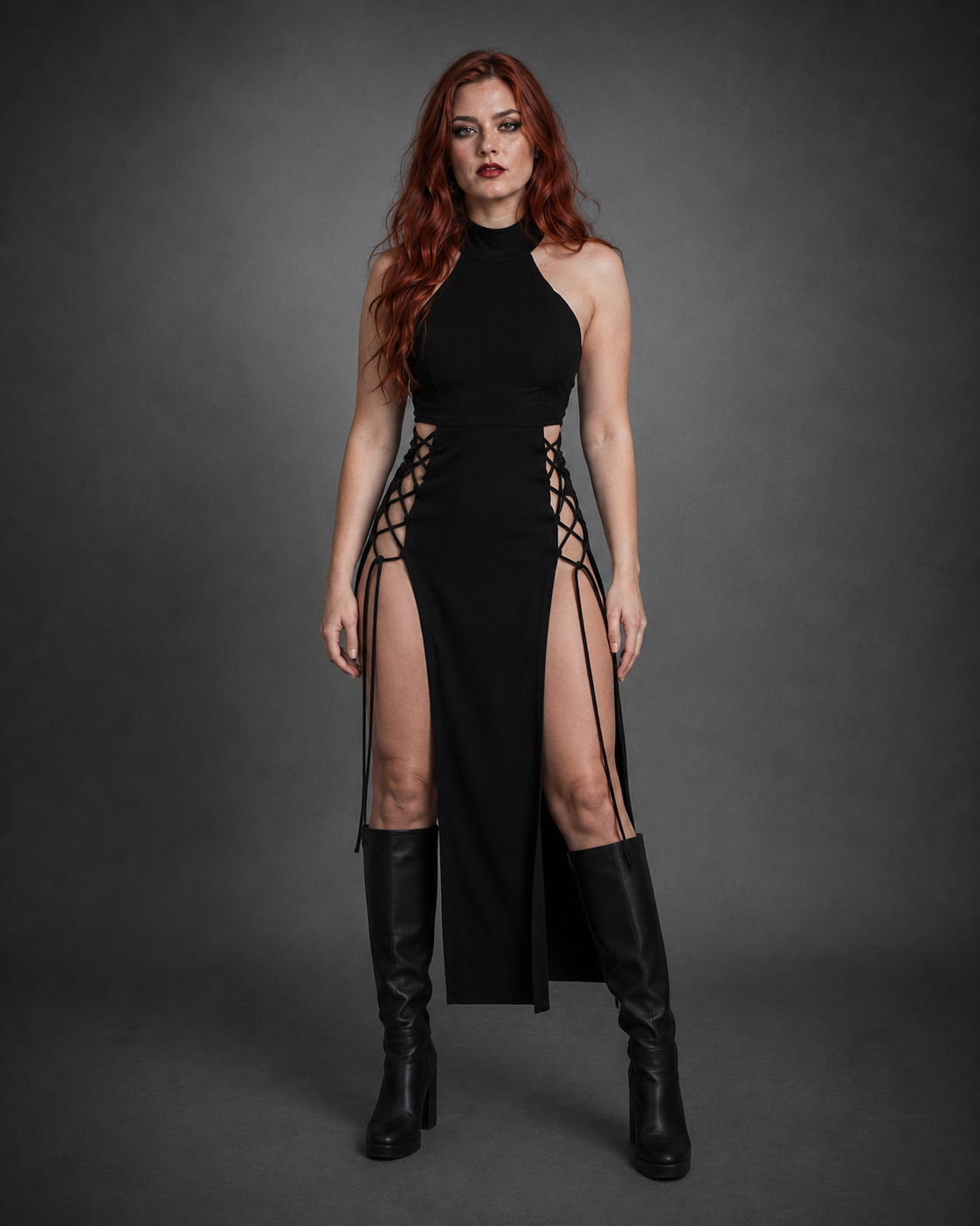 Black Halter Gothic Midi Dress — High Split Bandage, Y2K Style