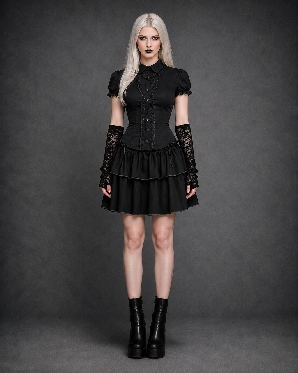 Black Preppy Gothic Mini Dress — Turn-Down Collar, Buttons & Bow