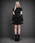 Black Preppy Gothic Mini Dress — Turn-Down Collar, Buttons & Bow