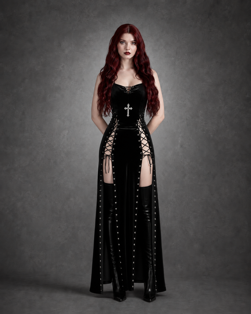 Black Velvet Gothic Midi Dress — High Slit, Lace-Up Sides & Cross Appliqué