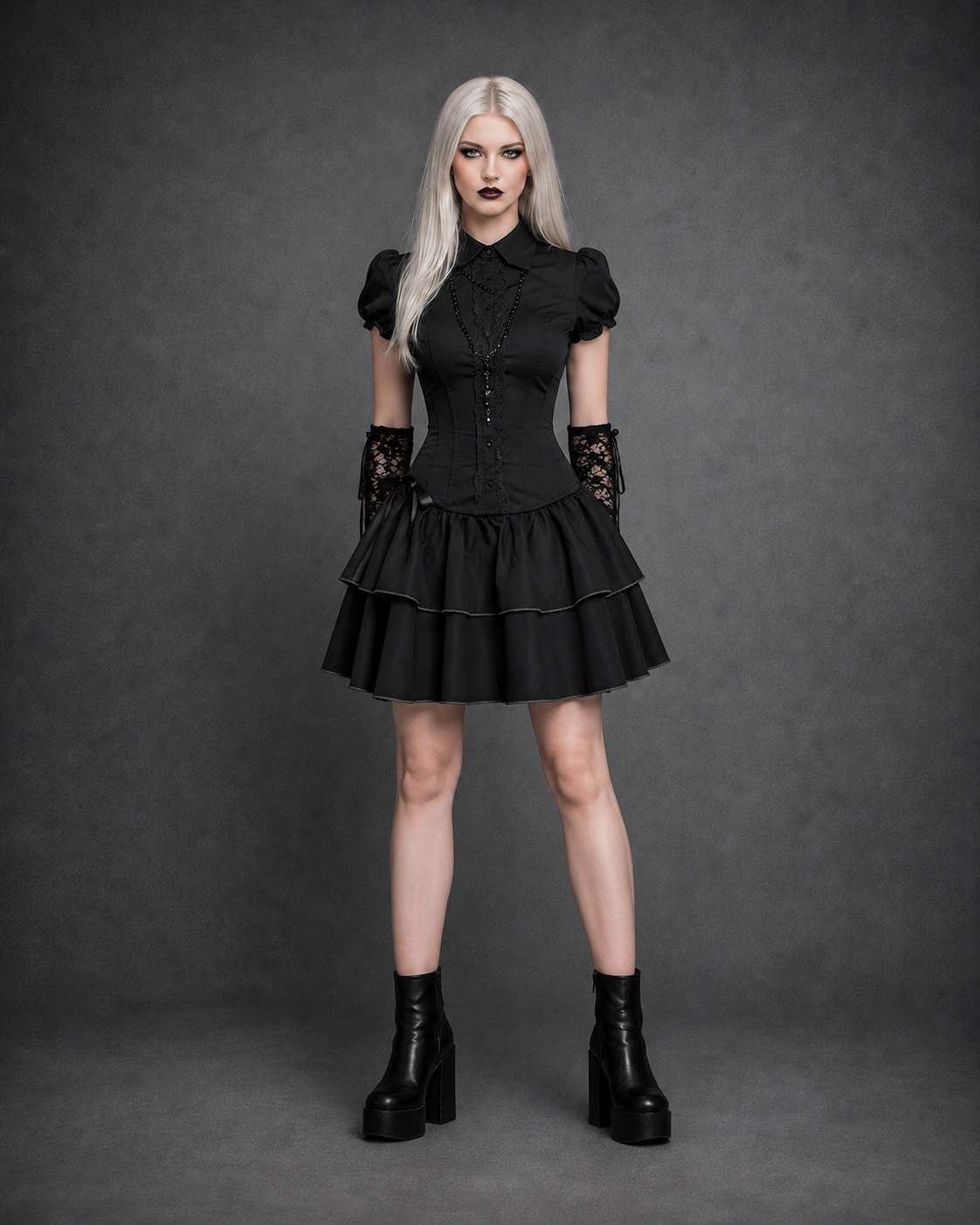 Black Preppy Gothic Mini Dress — Turn-Down Collar, Buttons & Bow