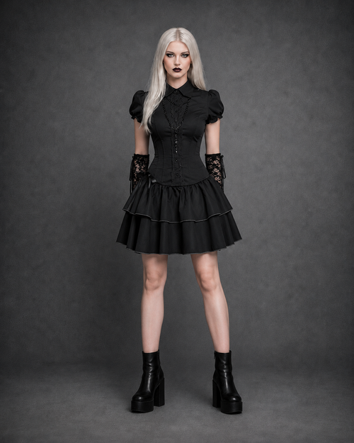 Black Preppy Gothic Mini Dress — Turn-Down Collar, Buttons & Bow