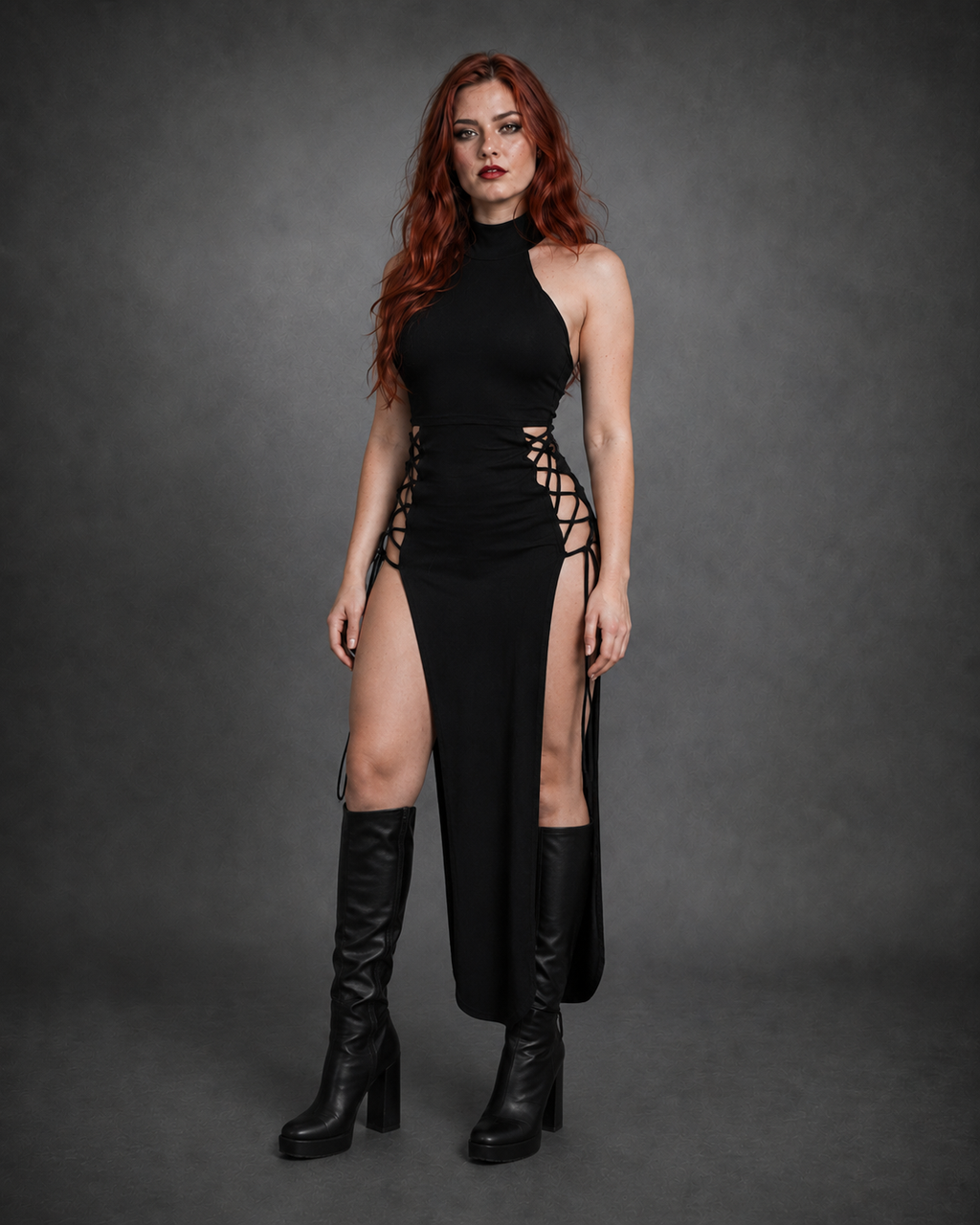 Black Halter Gothic Midi Dress — High Split Bandage, Y2K Style