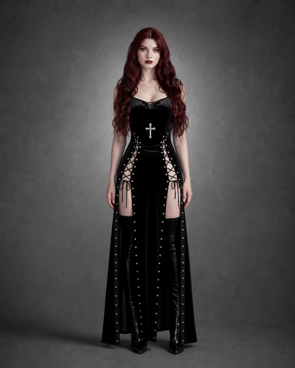 Black Velvet Gothic Midi Dress — High Slit, Lace-Up Sides & Cross Appliqué