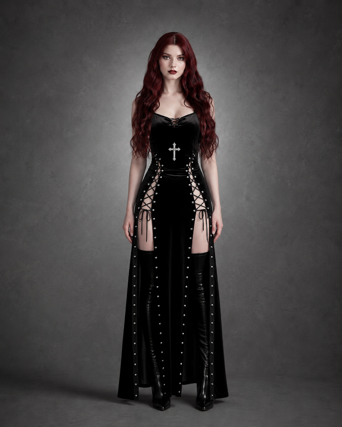 Black Velvet Gothic Midi Dress — High Slit, Lace-Up Sides & Cross Appliqué