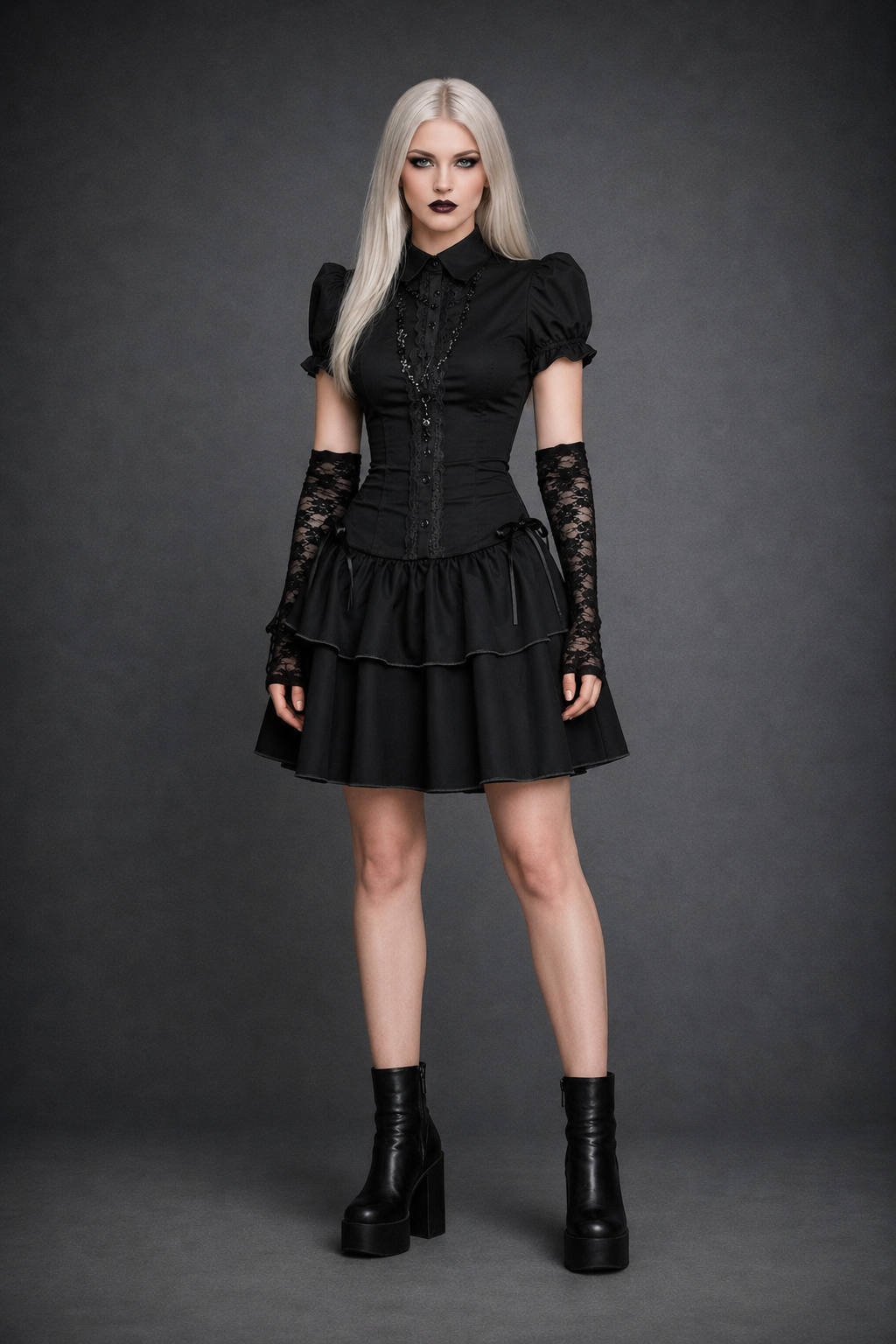 Black Preppy Gothic Mini Dress — Turn-Down Collar, Buttons & Bow