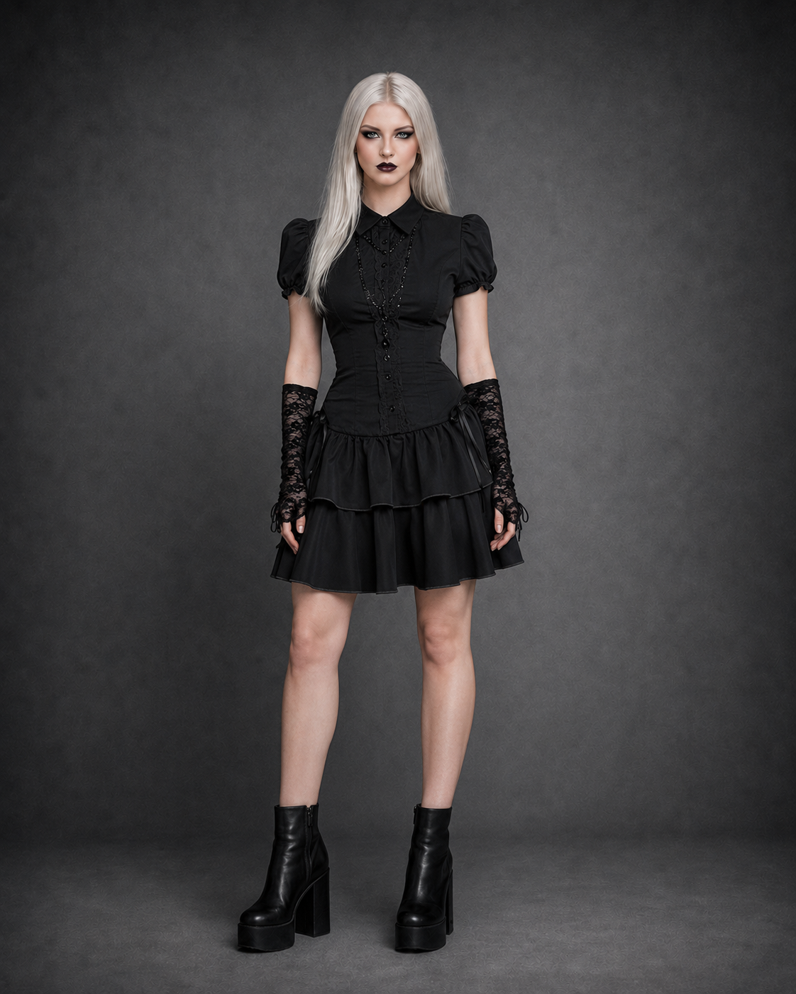 Black Preppy Gothic Mini Dress — Turn-Down Collar, Buttons & Bow