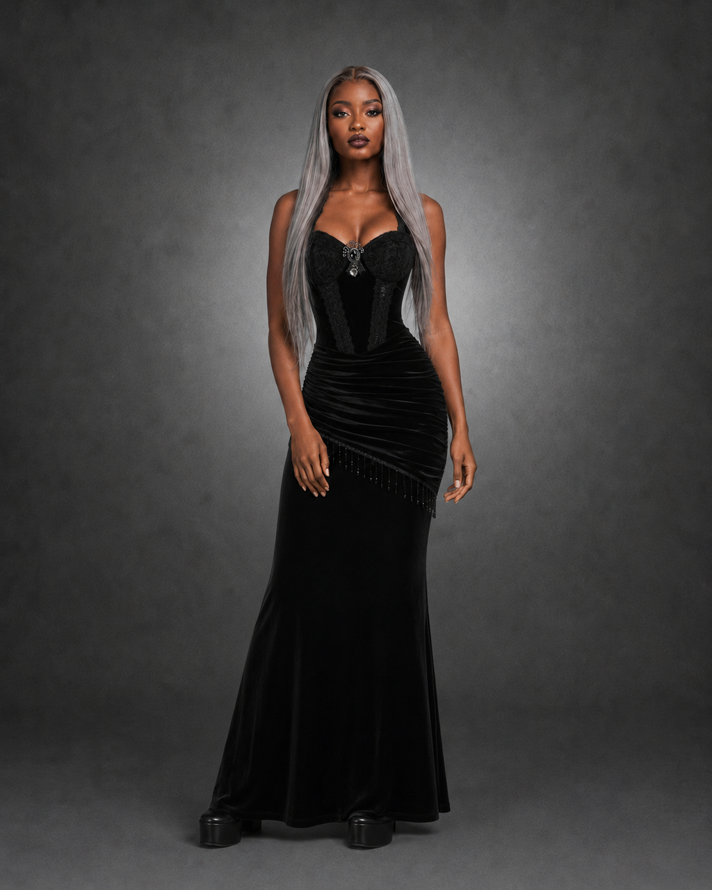 Black Velvet Gothic Maxi Dress — Asymmetrical Fringe, Ruched Bodycon