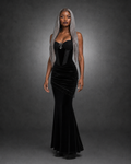 Black Velvet Gothic Maxi Dress — Asymmetrical Fringe, Ruched Bodycon