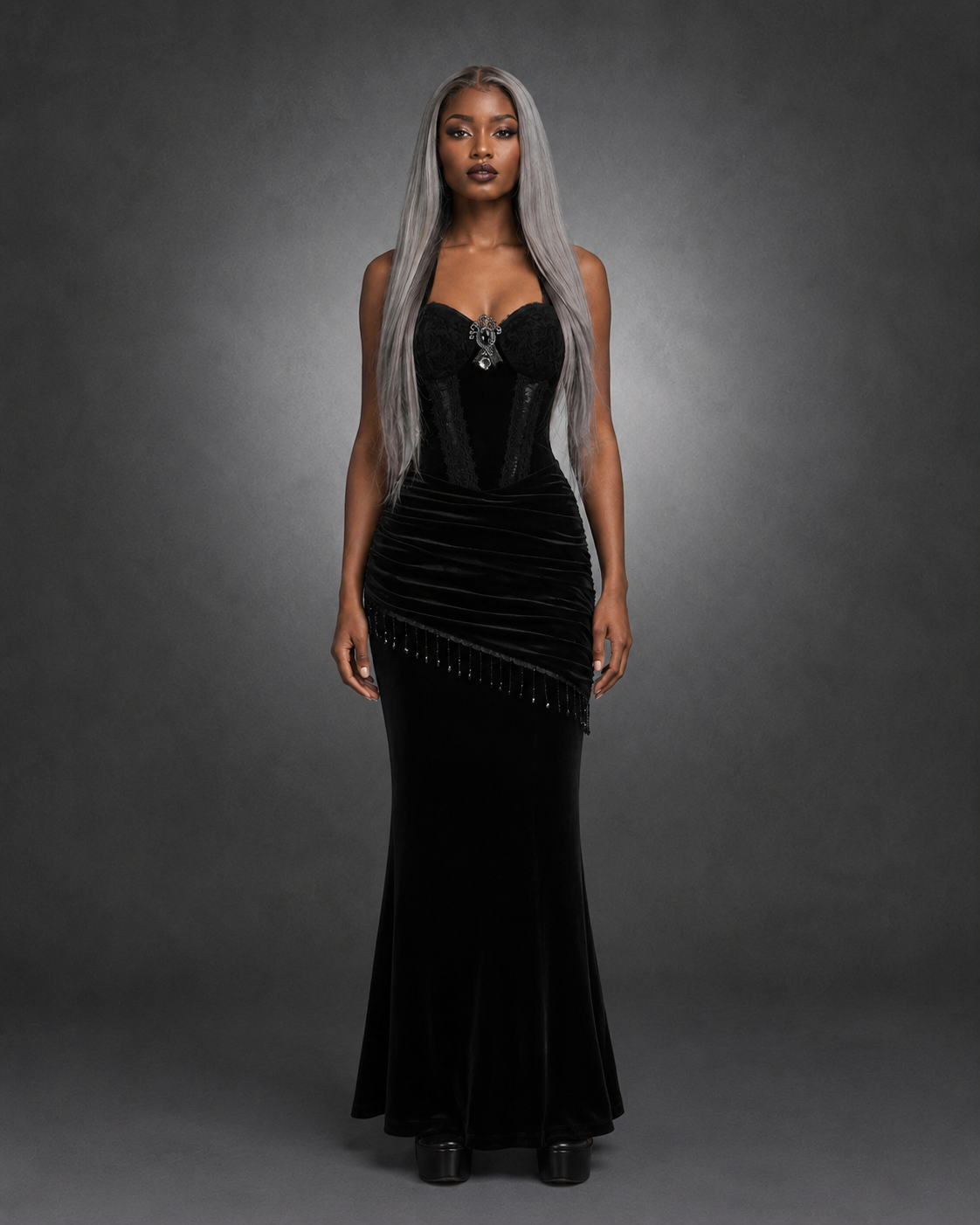 Black Velvet Gothic Maxi Dress — Asymmetrical Fringe, Ruched Bodycon
