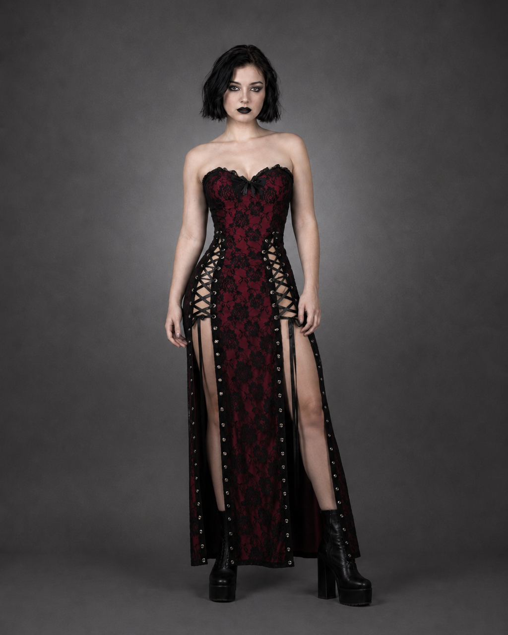 Red Floral Gothic Midi Dress — Lace Patchwork Straps & Square Collar