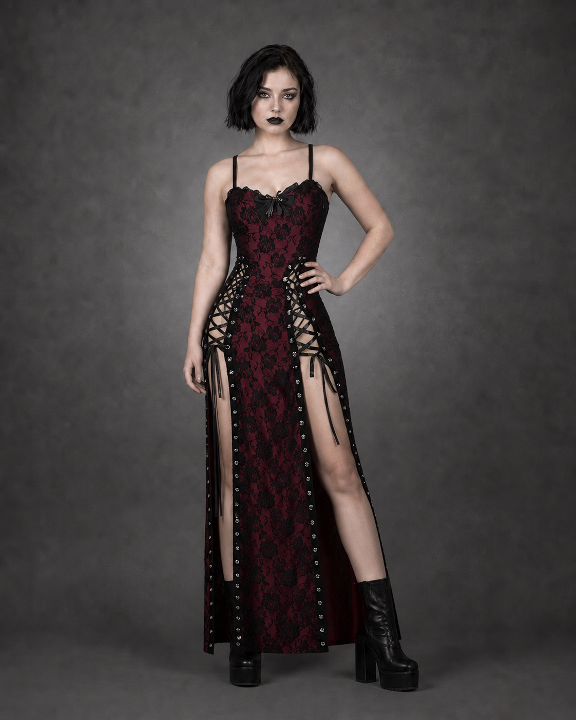 Red Floral Gothic Midi Dress — Lace Patchwork Straps & Square Collar