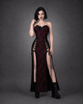 Red Floral Gothic Midi Dress — Lace Patchwork Straps & Square Collar