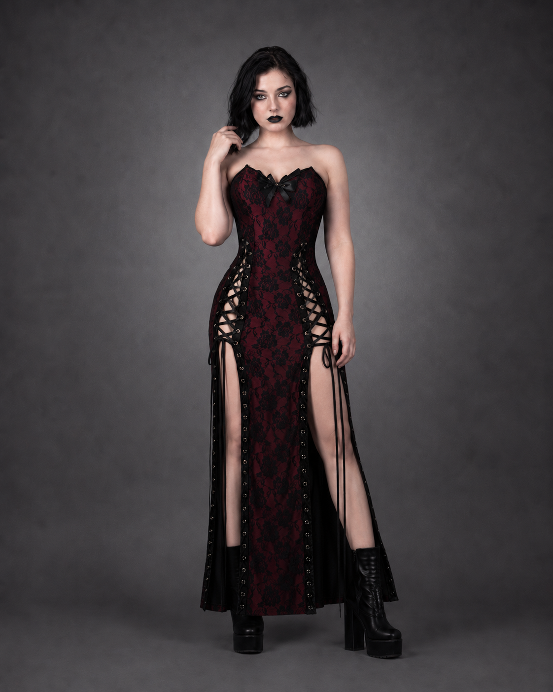 Red Floral Gothic Midi Dress — Lace Patchwork Straps & Square Collar
