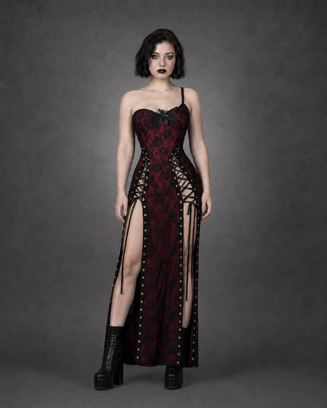 Red Floral Gothic Midi Dress — Lace Patchwork Straps & Square Collar
